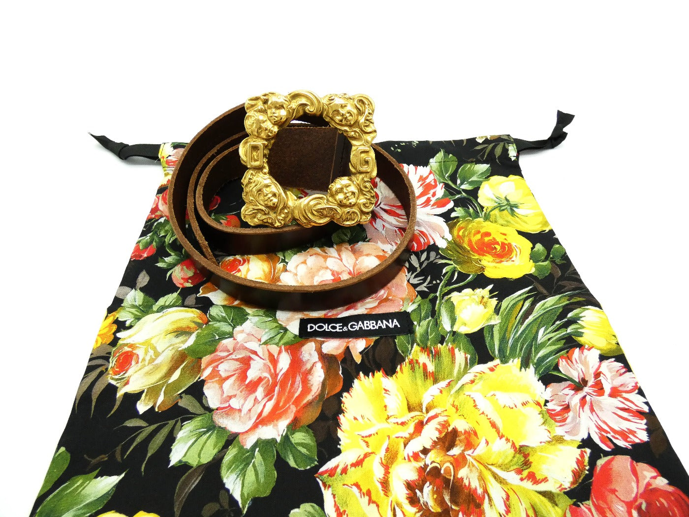 Dolce & Gabbana Brown Leather Gold Cherub Buckle Belt