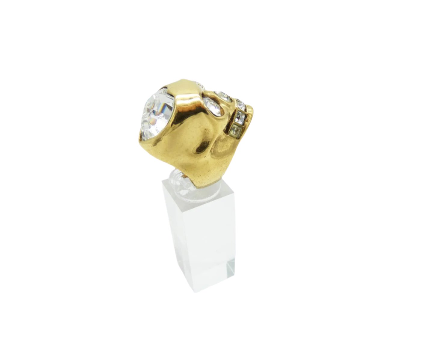 Alexander McQueen Gold Skull Ring with Crystal Heart