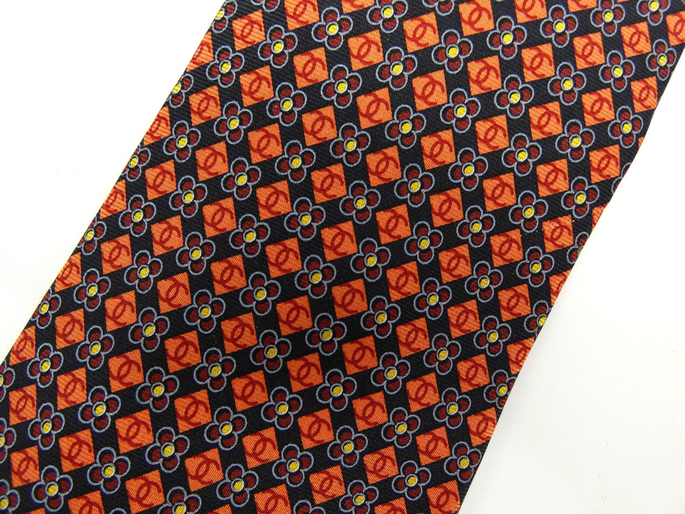 Chanel Navy and Orange CC Flower Print Silk Tie