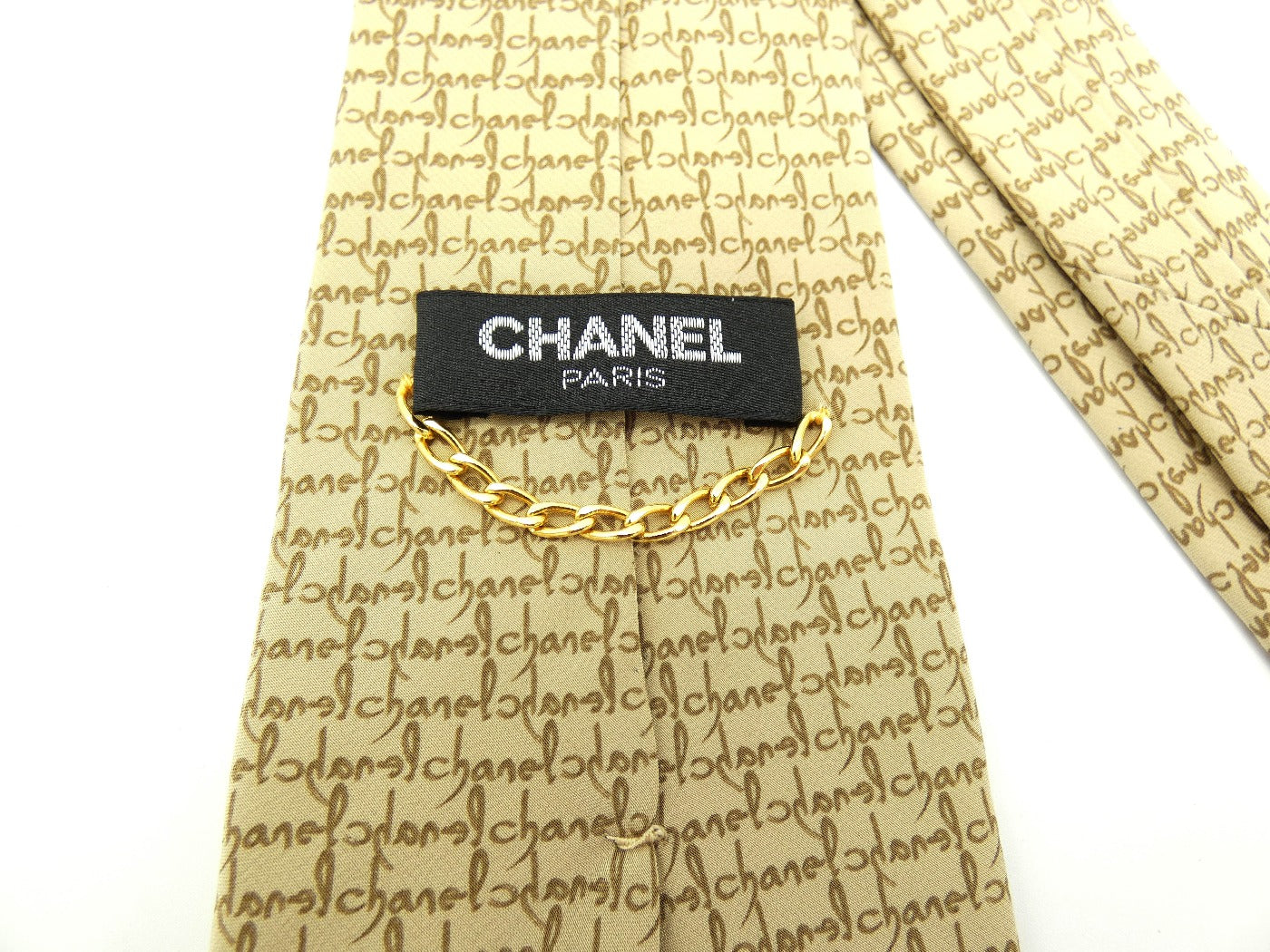 Chanel Tan Chanel Script Silk Tie