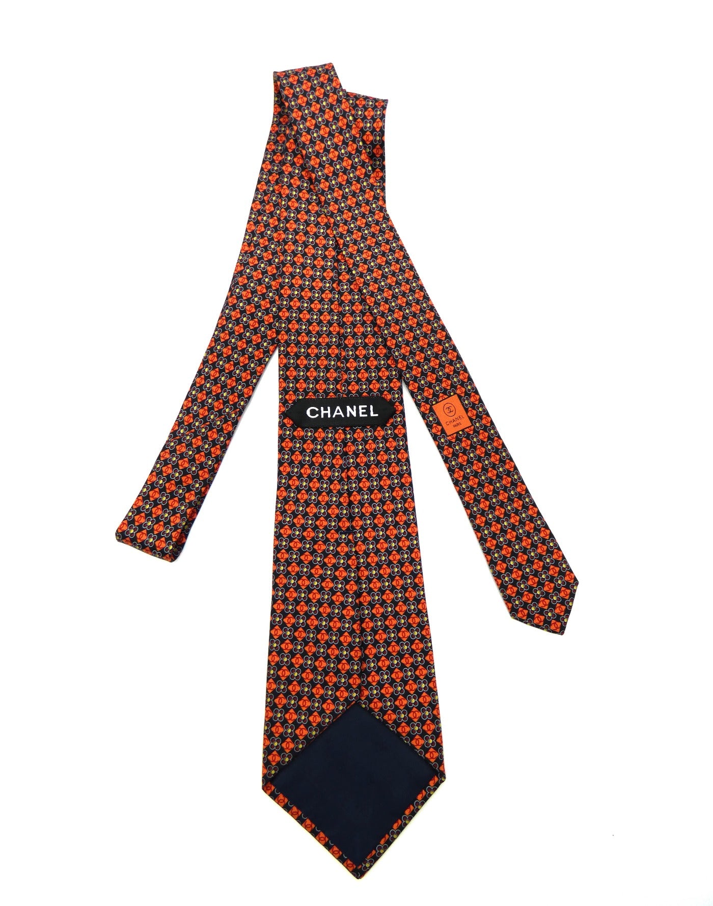 Chanel Navy and Orange CC Flower Print Silk Tie