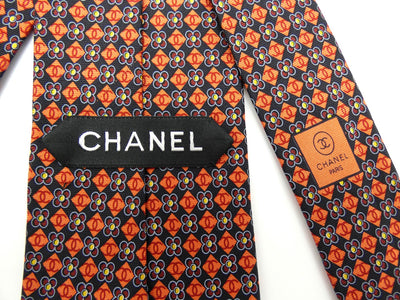 Chanel Navy and Orange CC Flower Print Silk Tie