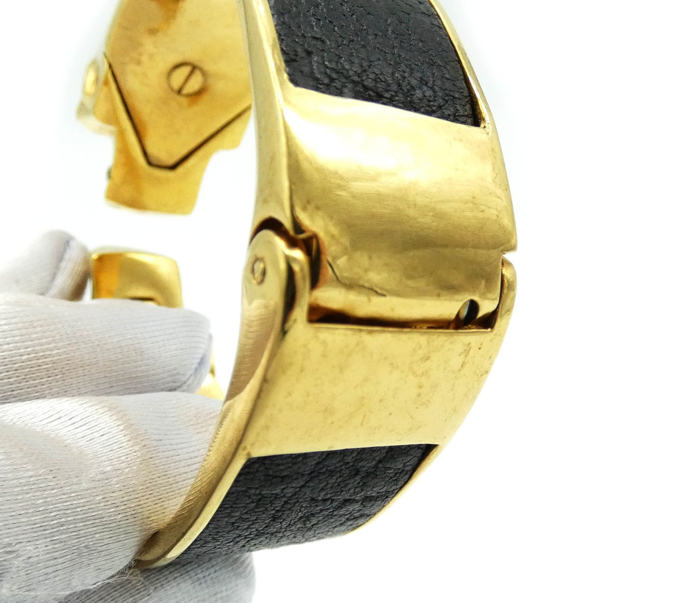 Alexander McQueen Antique Gold Double Crystal Skull Leather Bangle