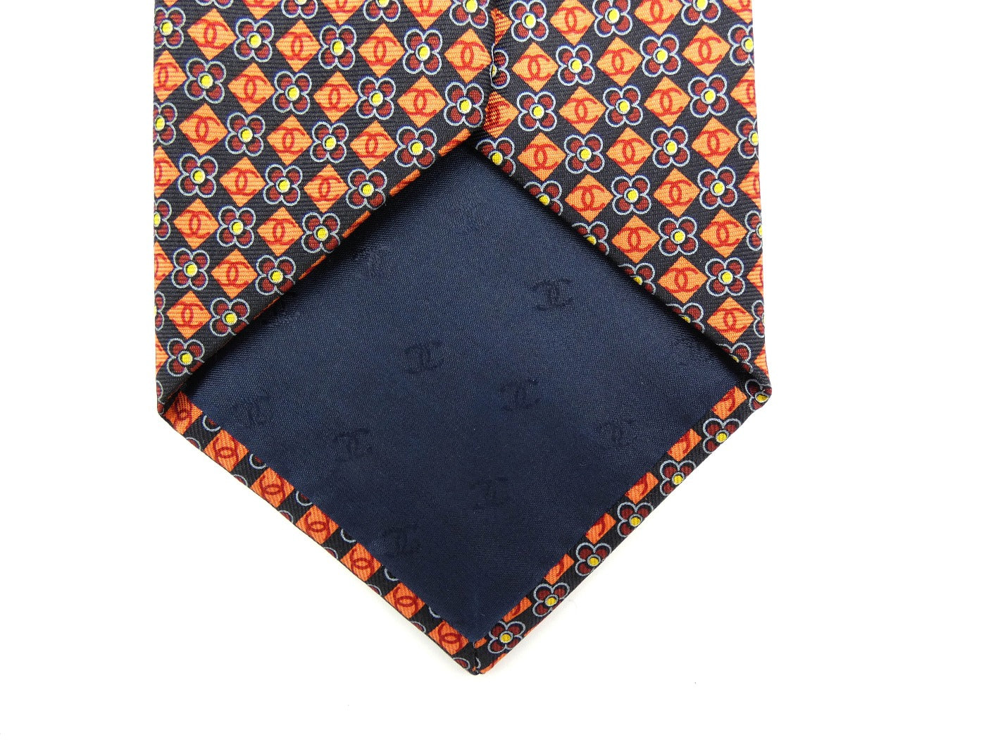 Chanel Navy and Orange CC Flower Print Silk Tie