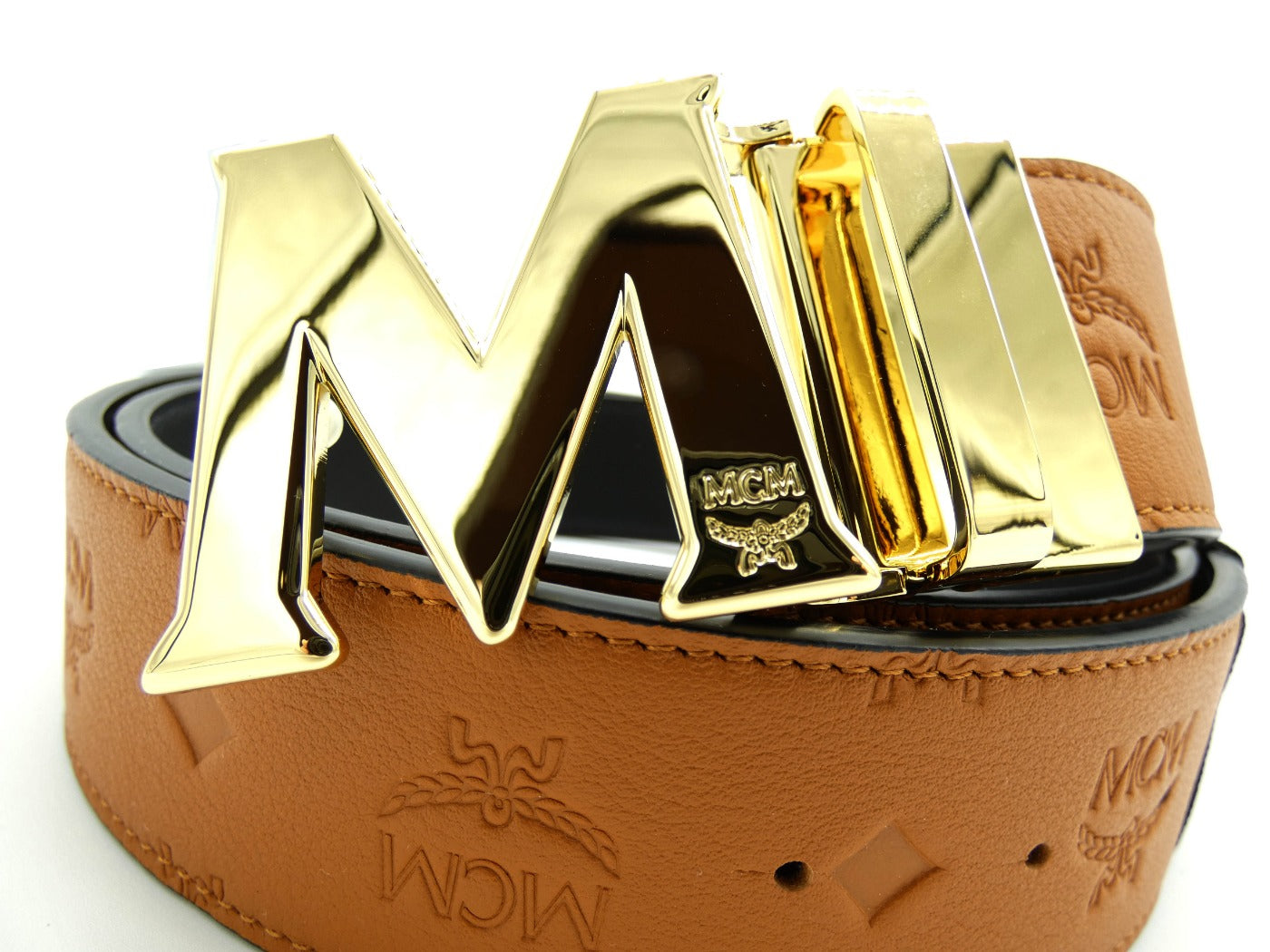 MCM Claus M Tan Leather Reversible Belt Gold Buckle