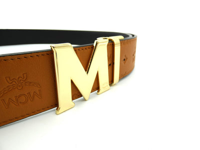 MCM Claus M Tan Leather Reversible Belt Gold Buckle