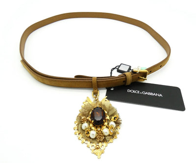 Dolce & Gabbana Tan Suede Crystal Charm Belt Belt Dolce & Gabbana