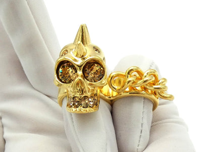 Alexander McQueen Double Gold Skull and Chain Ring