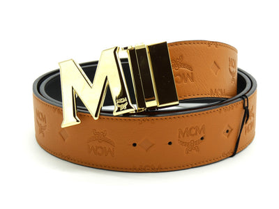 MCM Claus M Tan Leather Reversible Belt Gold Buckle