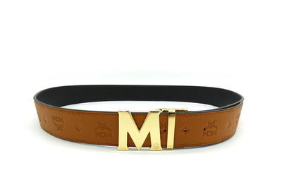 MCM Claus M Tan Leather Reversible Belt Gold Buckle