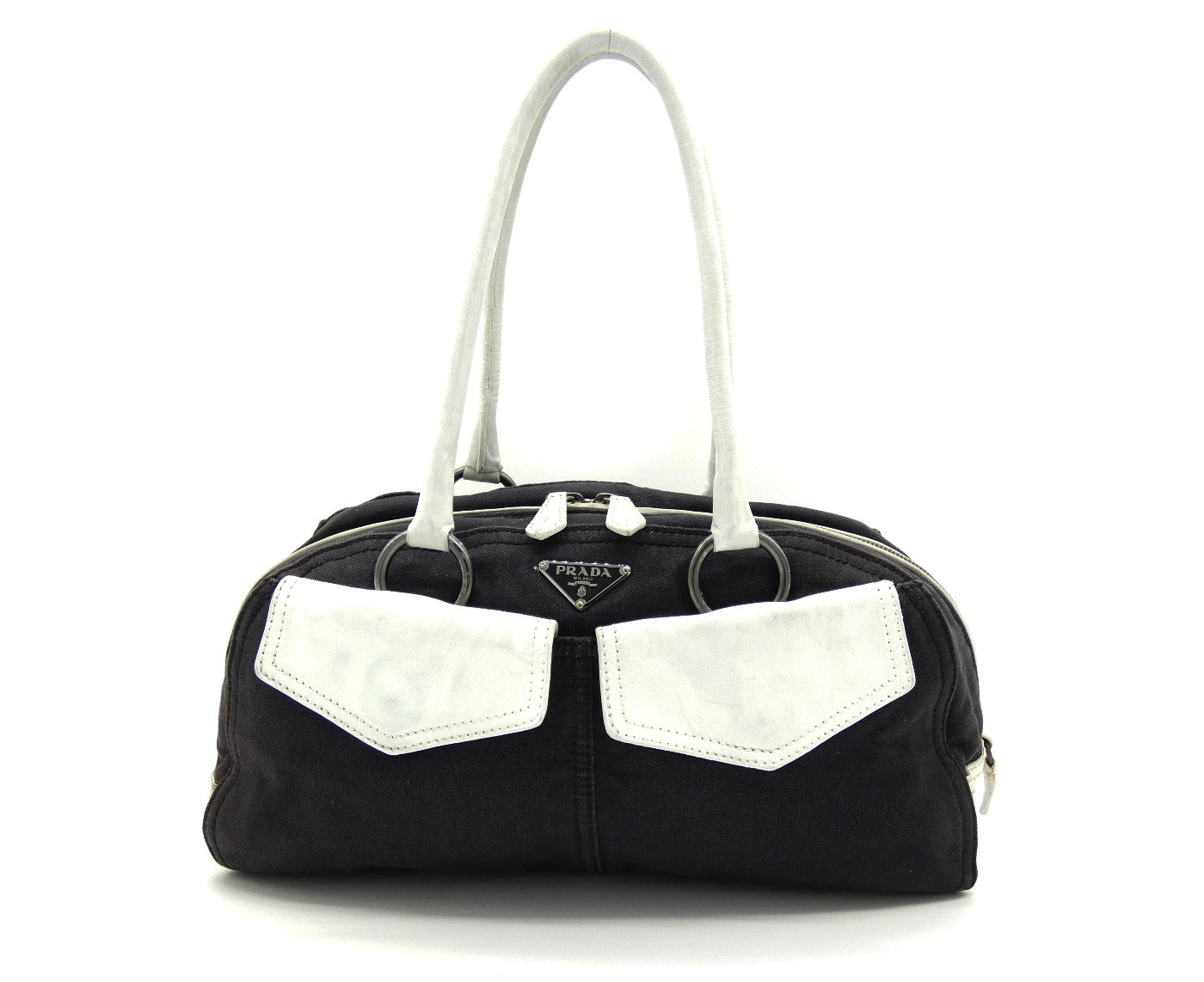 Prada Vintage Black Denim with White Leather Shoulder Bag