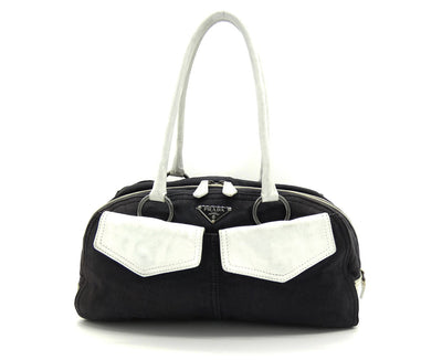 Prada Vintage Black Denim with White Leather Shoulder Bag