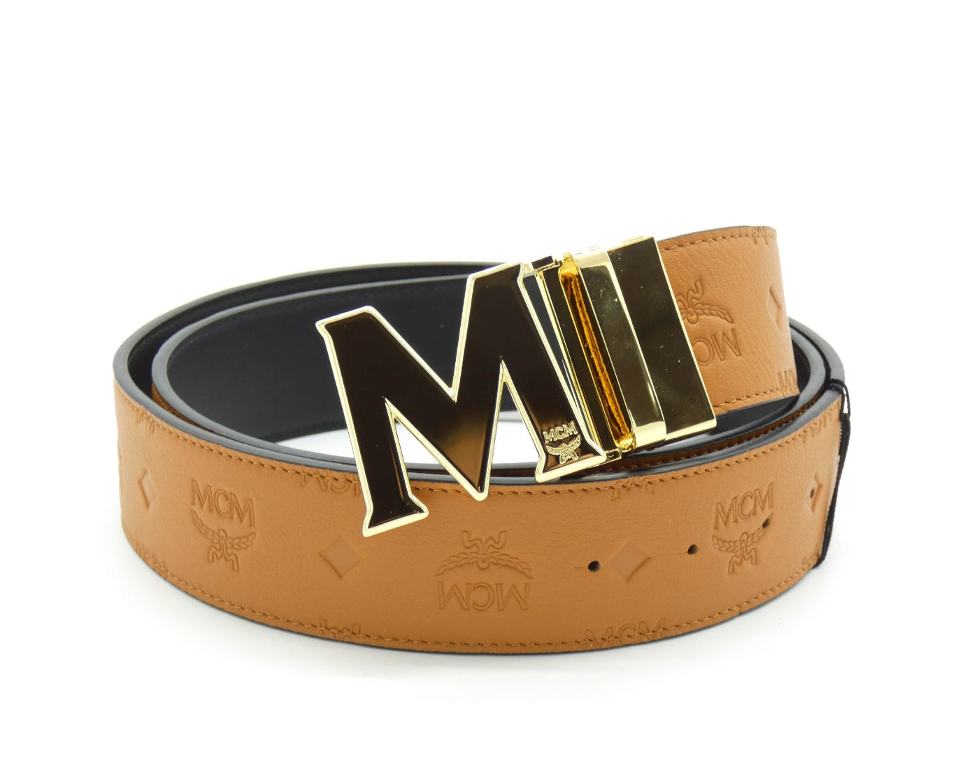 MCM Claus M Tan Leather Reversible Belt Gold Buckle