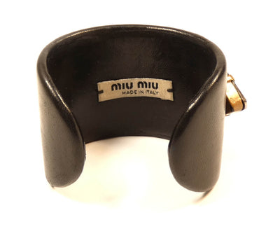 Miu Miu Crystal and Black Leather Open Cuff