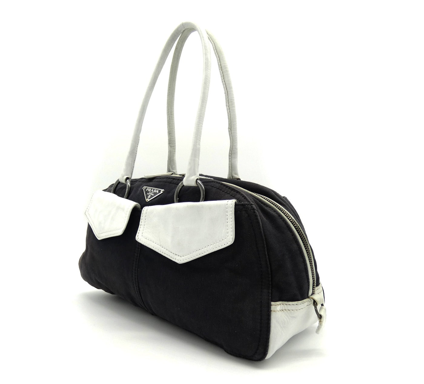 Prada Vintage Black Denim with White Leather Shoulder Bag