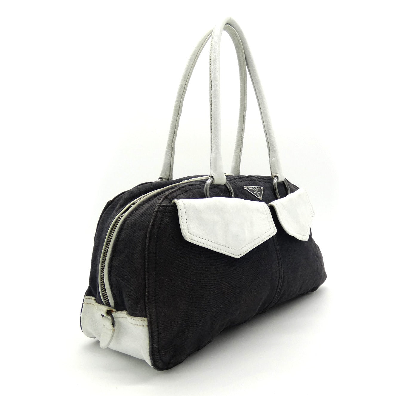 Prada Vintage Black Denim with White Leather Shoulder Bag