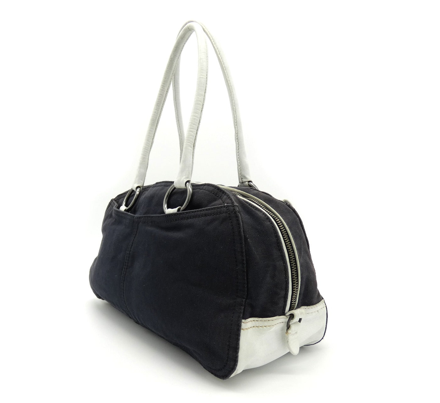 Prada Vintage Black Denim with White Leather Shoulder Bag