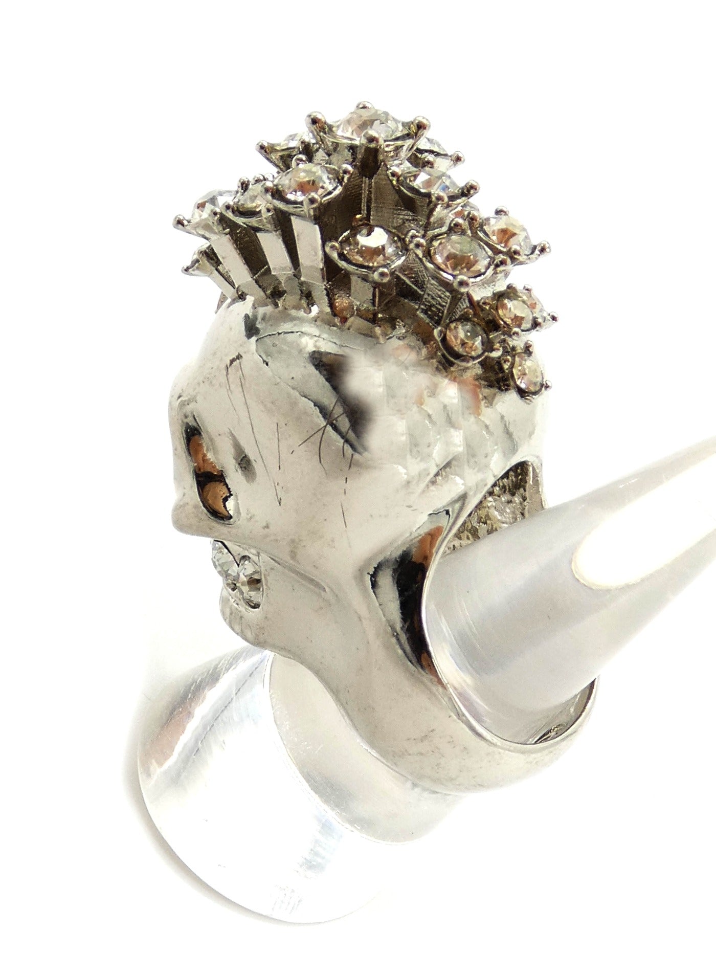 Alexander McQueen Silver Skull Crystal Mohawk Ring