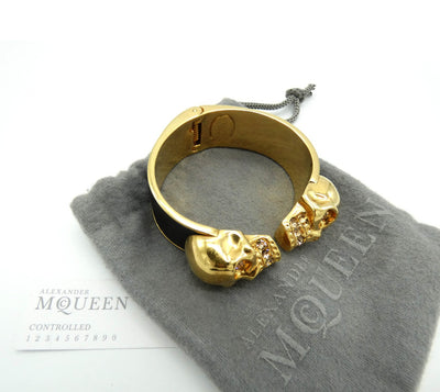 Alexander McQueen Antique Gold Double Crystal Skull Leather Bangle