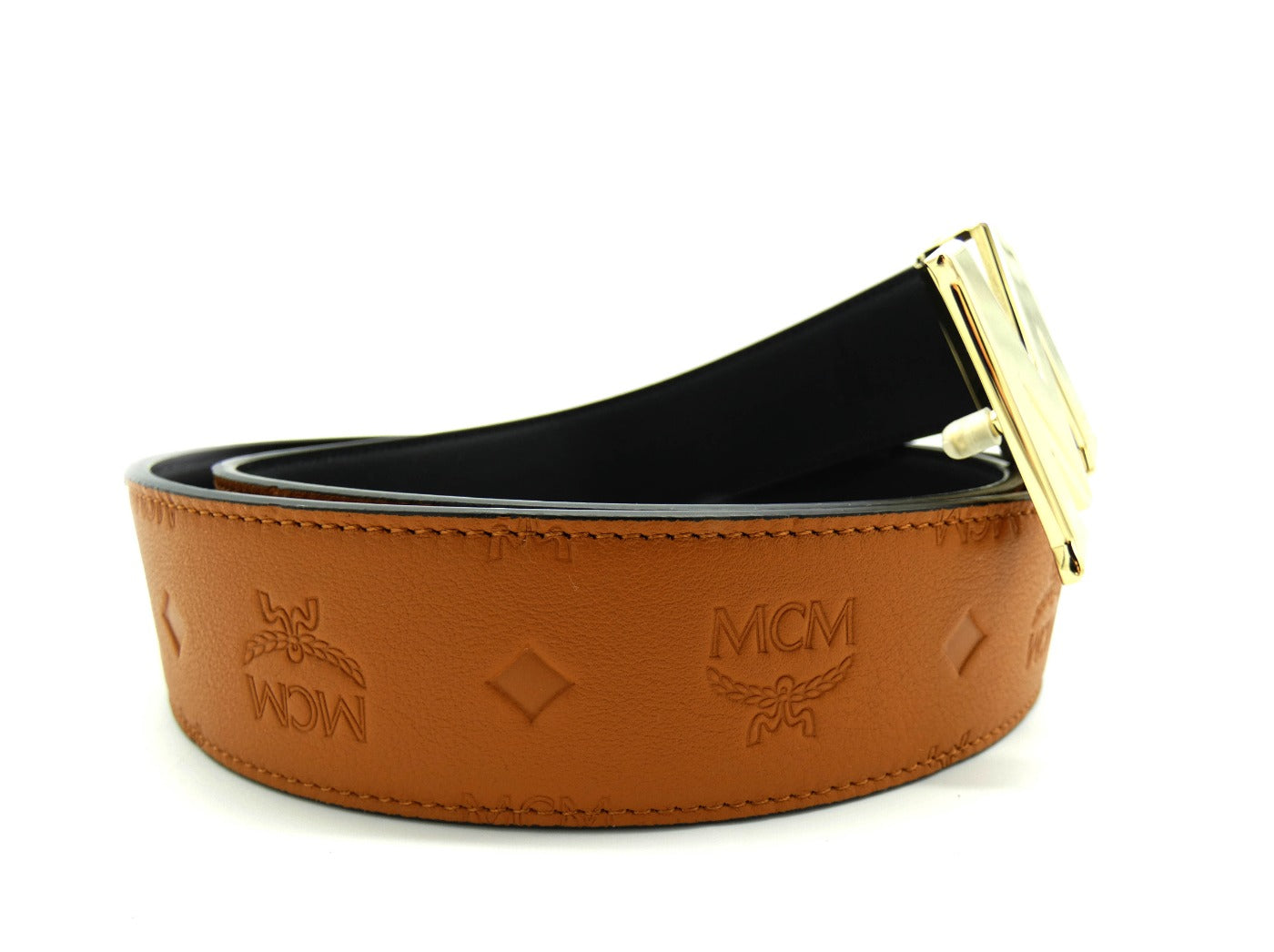 MCM Claus M Tan Leather Reversible Belt Gold Buckle