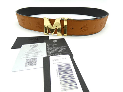 MCM Claus M Tan Leather Reversible Belt Gold Buckle