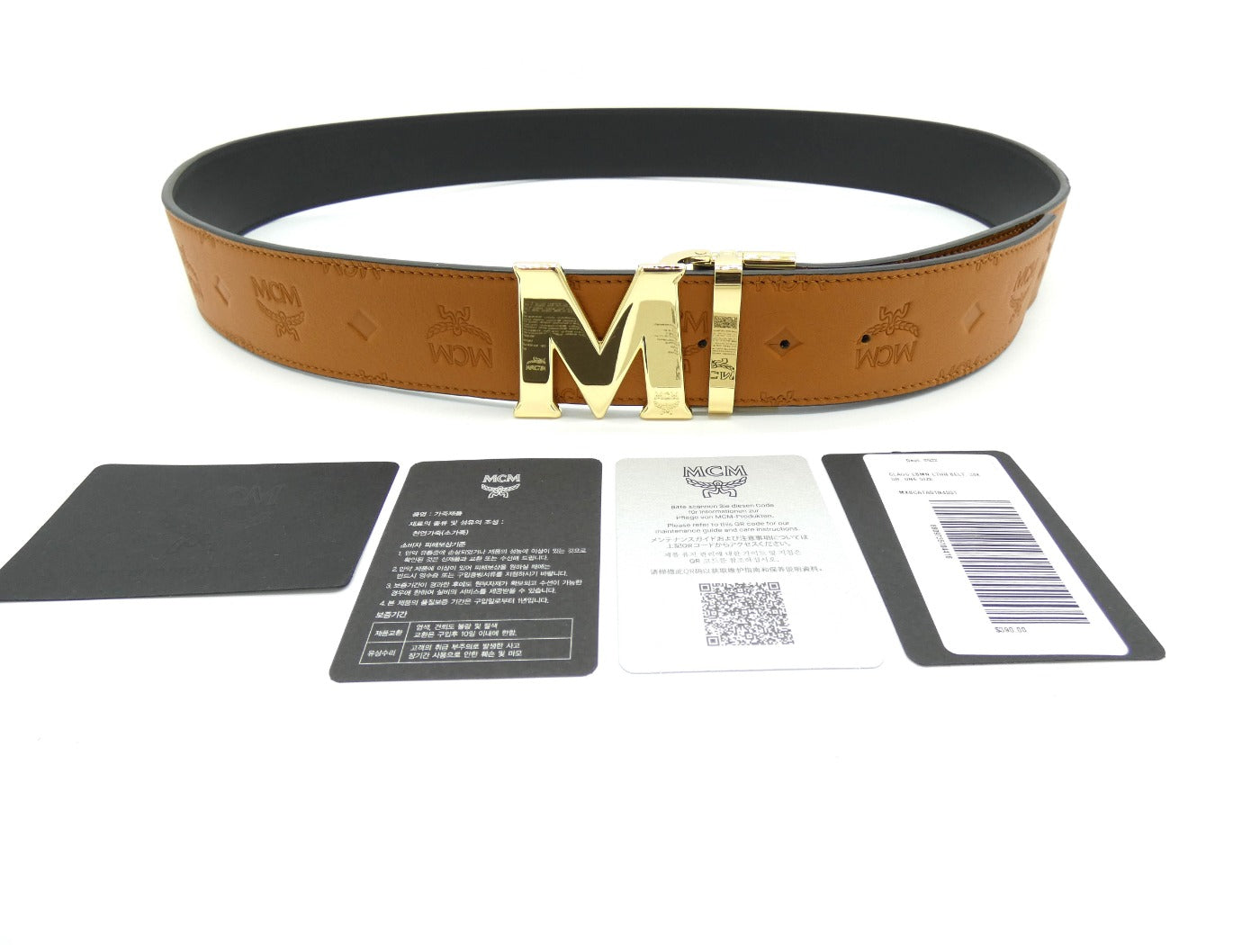 MCM Claus M Tan Leather Reversible Belt Gold Buckle