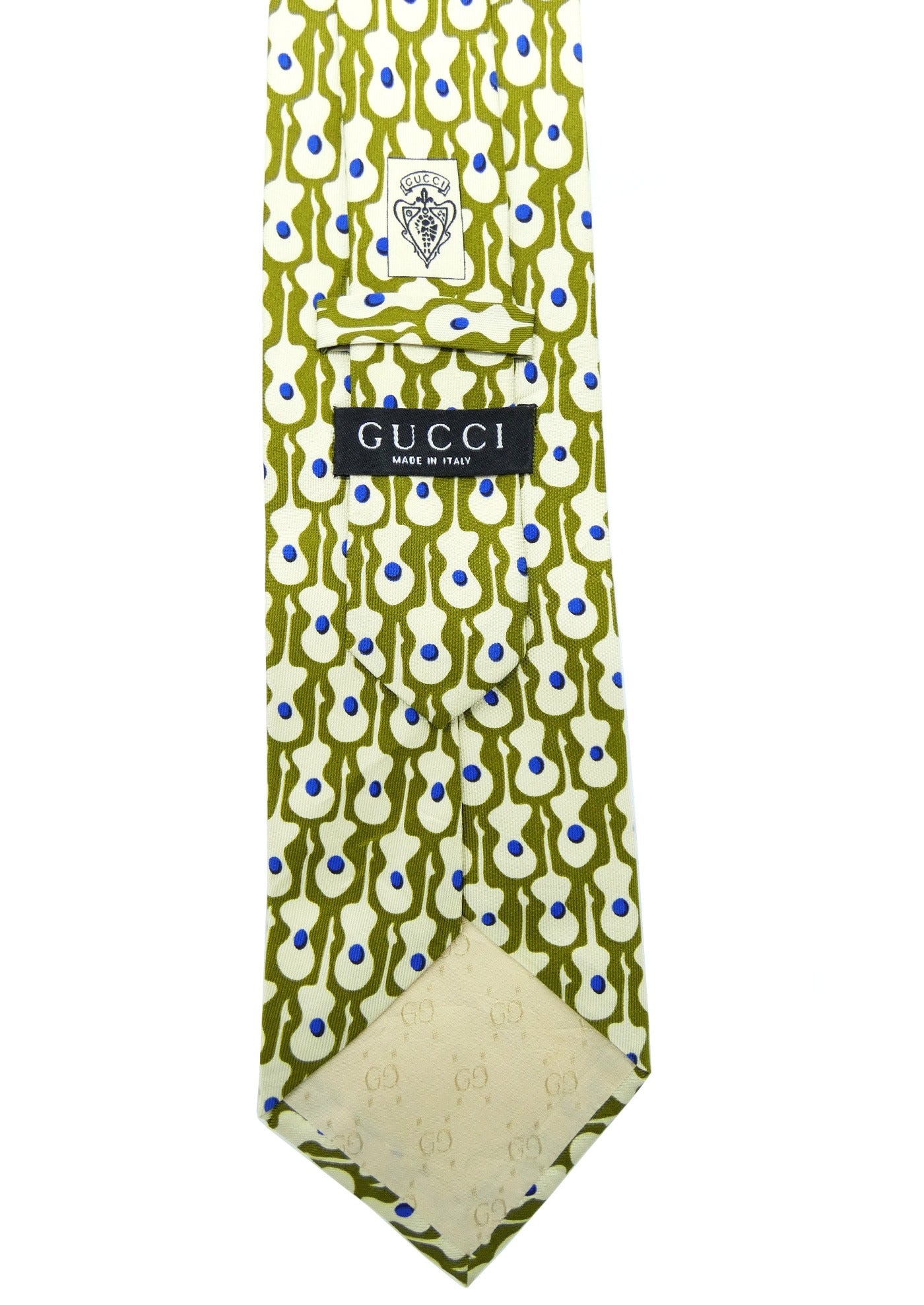 Gucci Vintage Sage and Blue Dot Guitar Graphic Silk Tie Ties Gucci