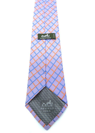 Hermès Blue and Salmon Diamond Graphic Silk Tie