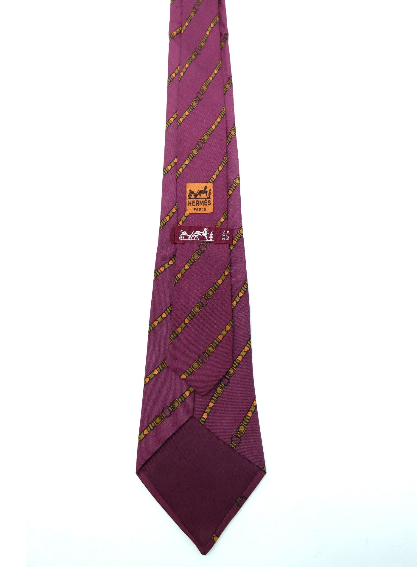 Hermès Maroon with Sage and Gold Belts Graphic Silk Tie