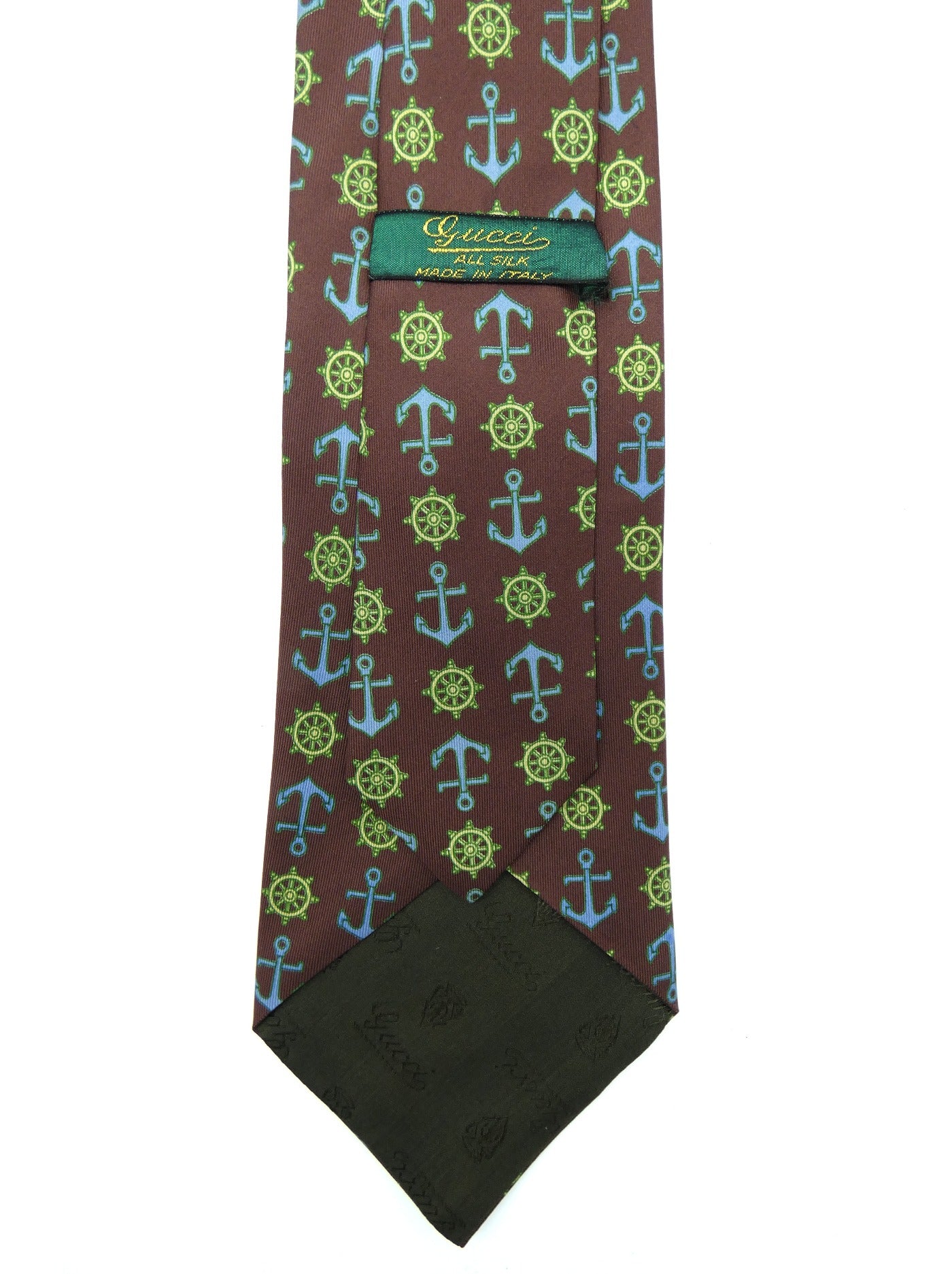 Gucci Vintage Brown Blue and Green Nautical Graphic Silk Tie