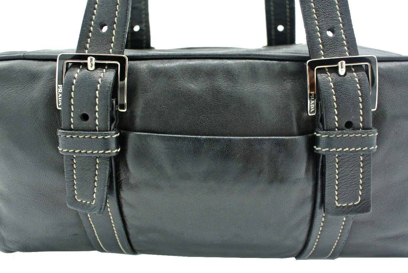 Prada Vintage Black Leather Topstitched Handbag