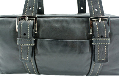 Prada Vintage Black Leather Topstitched Handbag