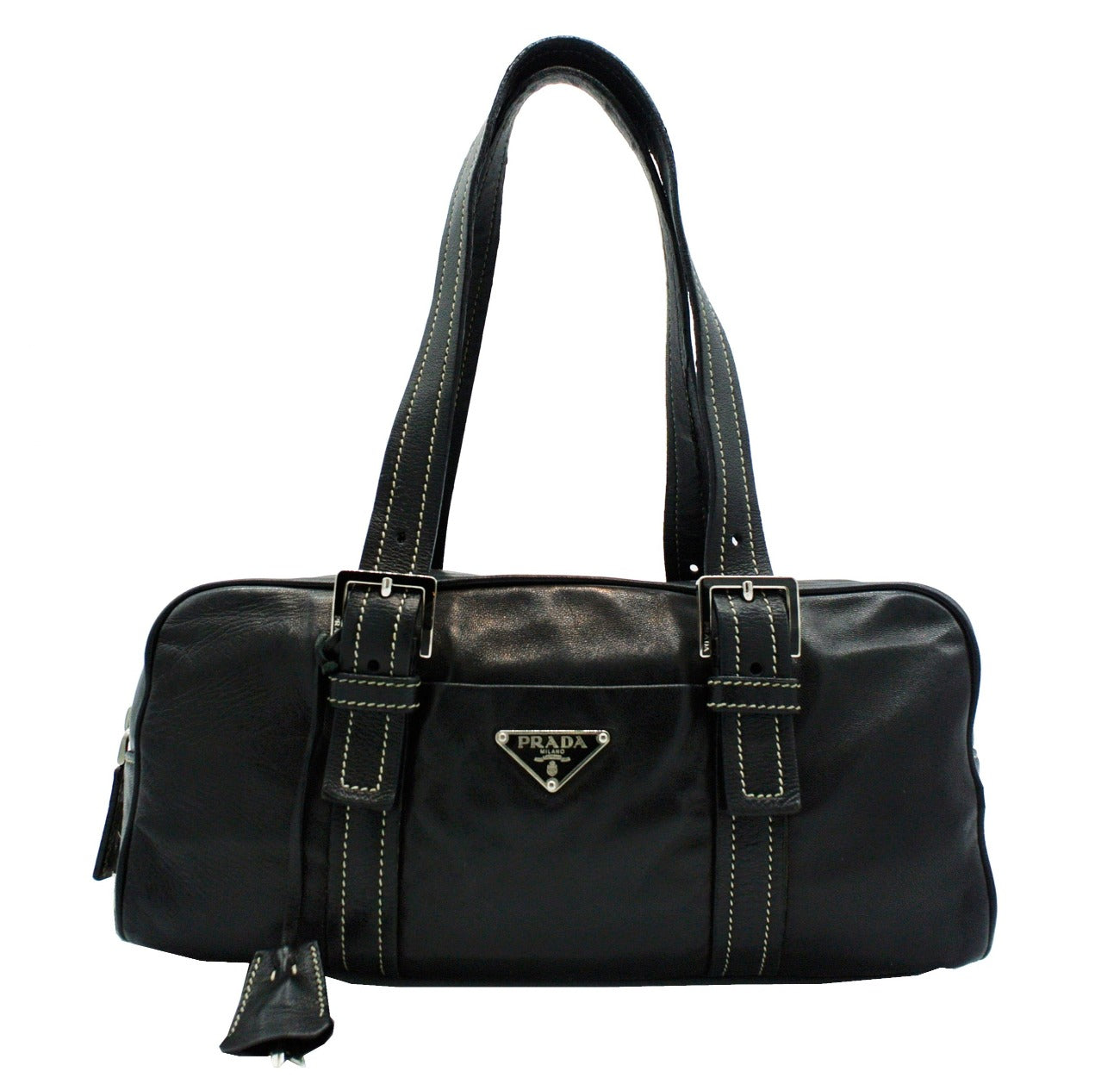 Prada Vintage Black Leather Topstitched Handbag