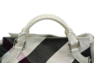 Burberry White Leather Trimmed Exploded Nova Check Satchel