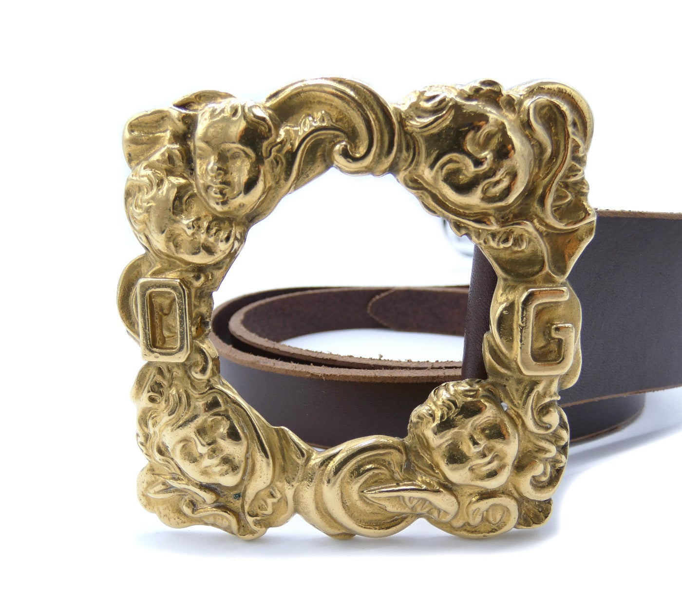 Dolce & Gabbana Brown Leather Gold Cherub Buckle Belt