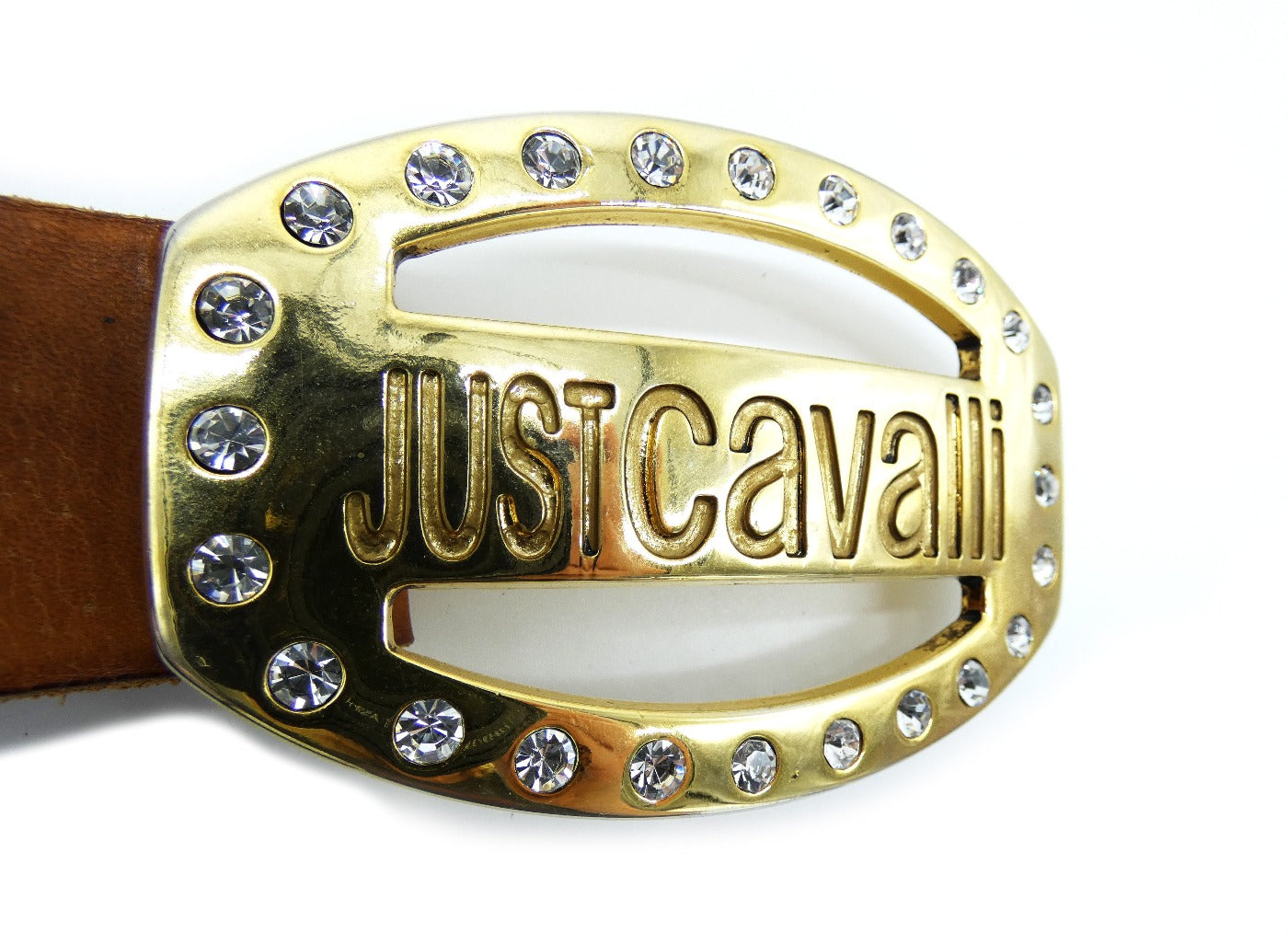 Roberto Cavalli Gold Tone Oval Rhinestone Buckle Belt