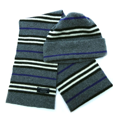 Burberry Lambswool Icon Stripe Grey Hat and Scarf Set Scarf Burberry