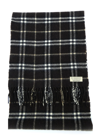 Burberry Cashmere and Lambswool Dark Brown and White Plaid Scarf Scarf Burberry