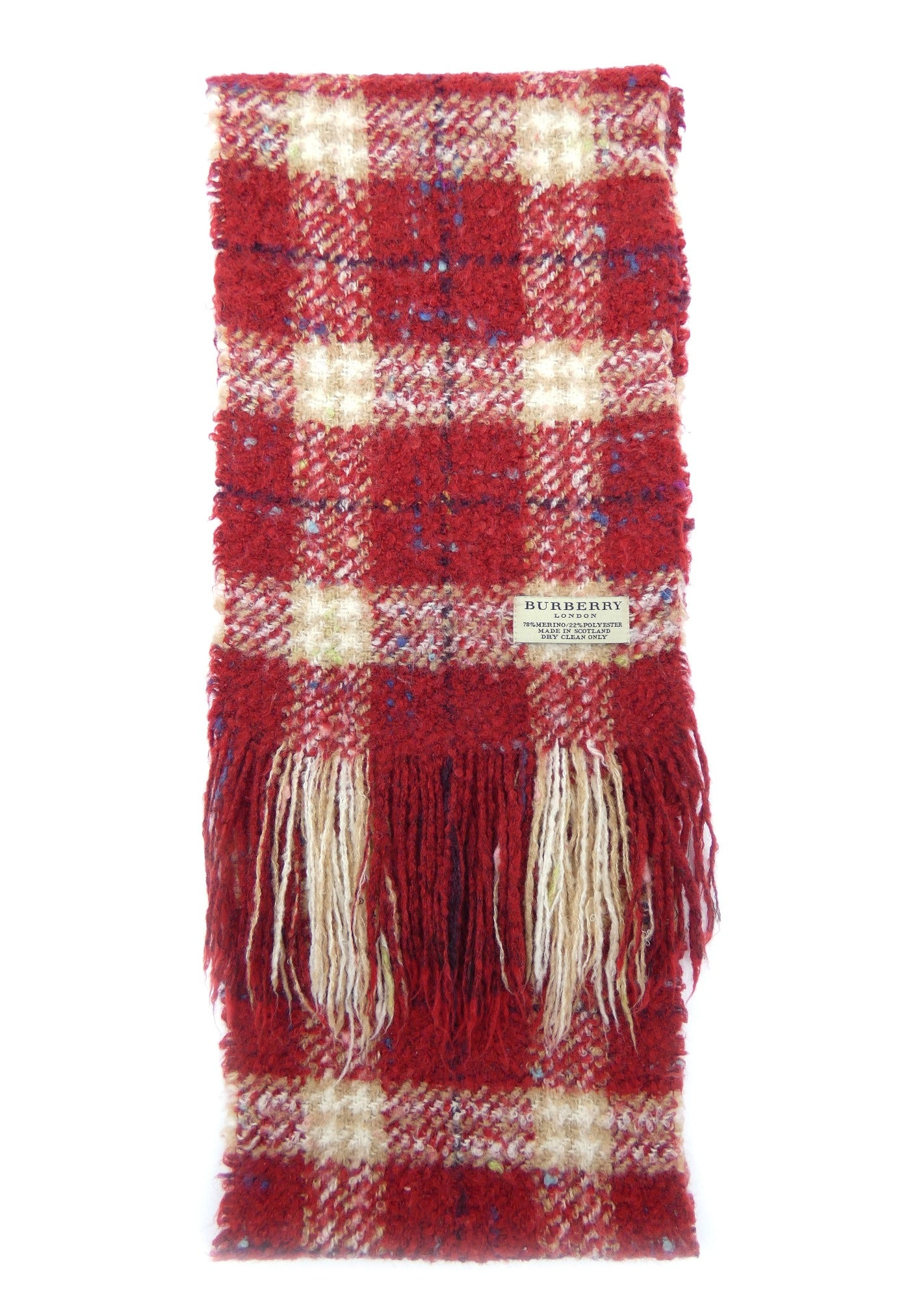 Burberry Bobbled Wool Plaid Red and White Scarf