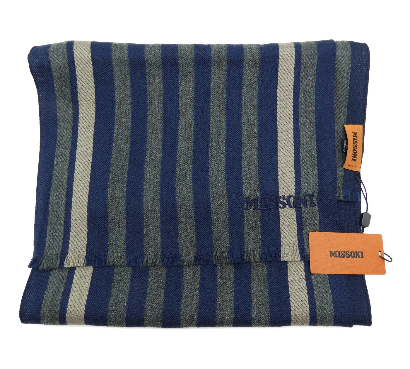 Missoni Navy, Taupe and Grey Stripe Wool Scarf