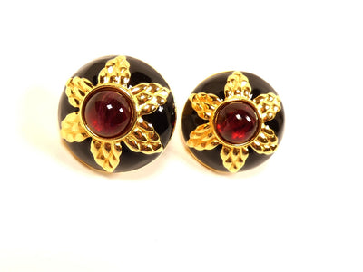 Fendi Vintage Red Stone and Black Enamel Clip Earrings