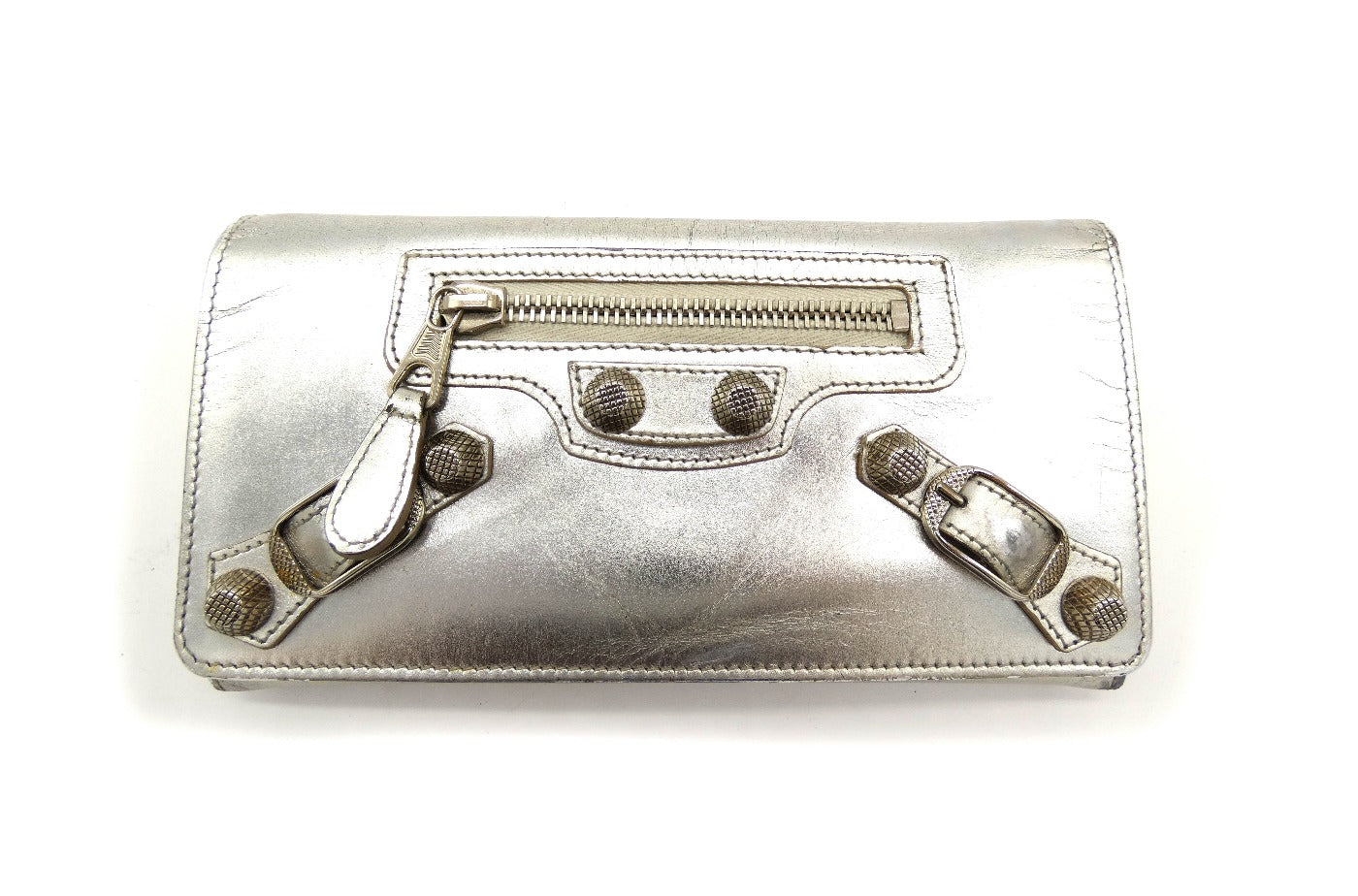 Balenciaga Silver Leather Motocross Giant 21 Clutch Wallet