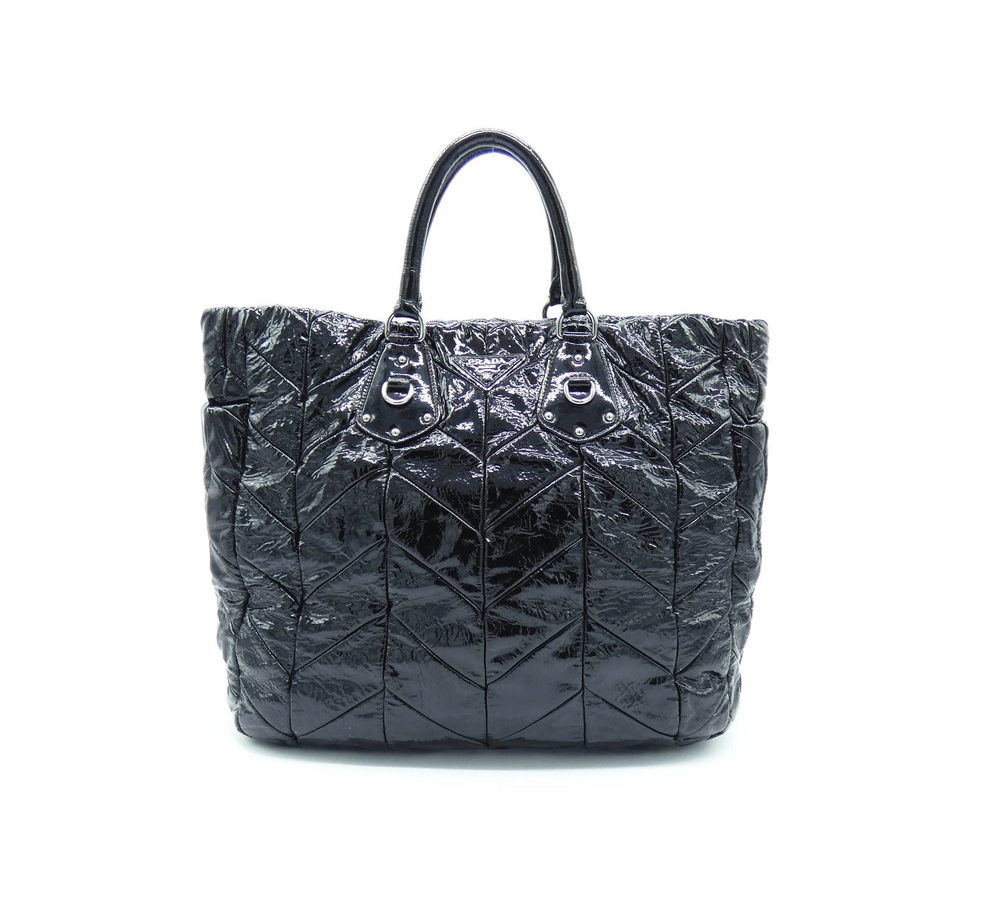 Prada Black Patent Large Leather Chevron Quilted Tote