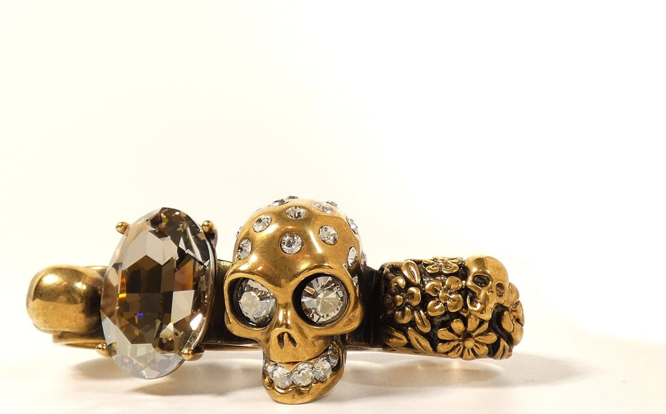 Alexander McQueen Antique Gold and Crystal Skull Knuckle Duster Ring