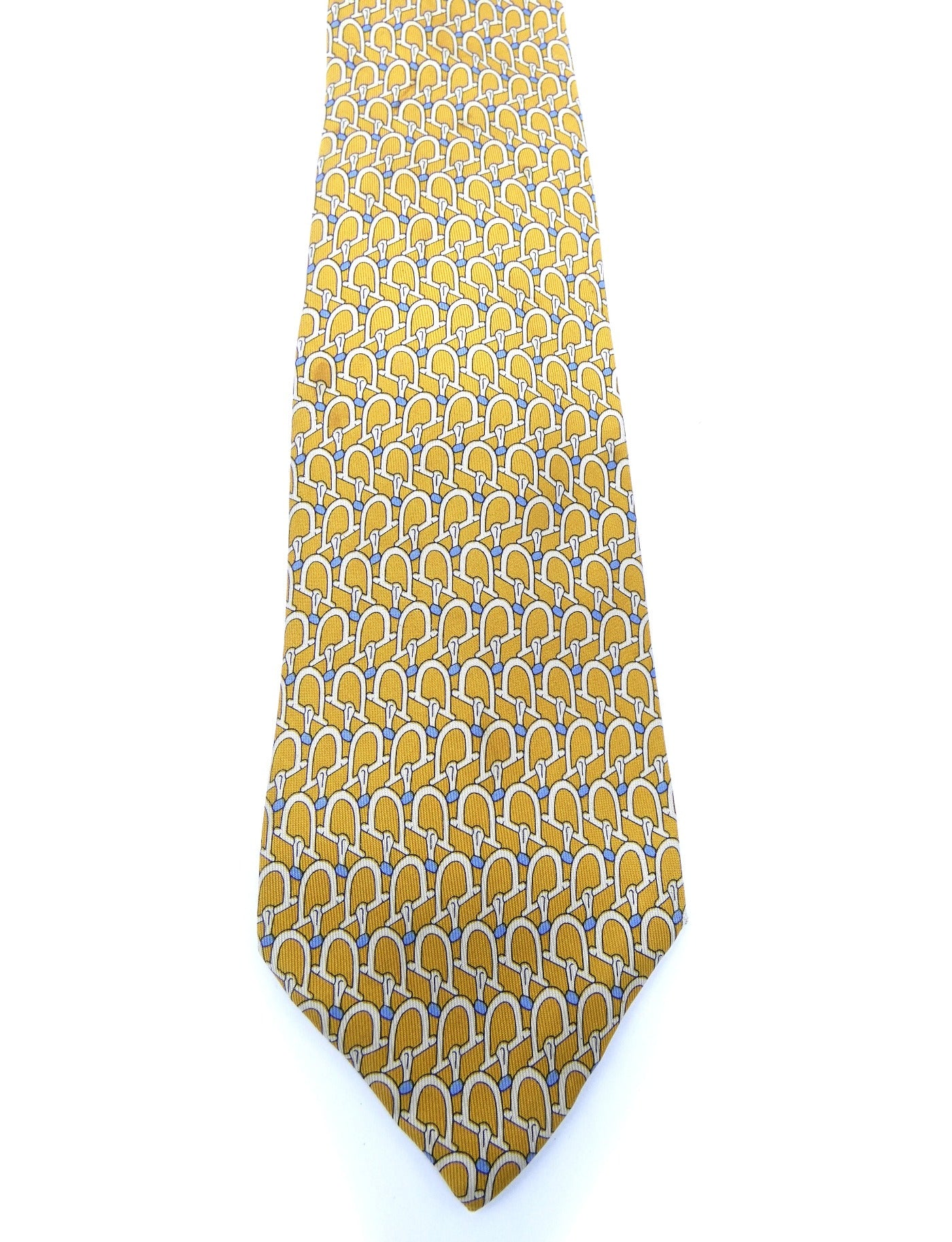Gucci Vintage Gold and Light Blue Horsebit Graphic Silk Tie Ties Gucci