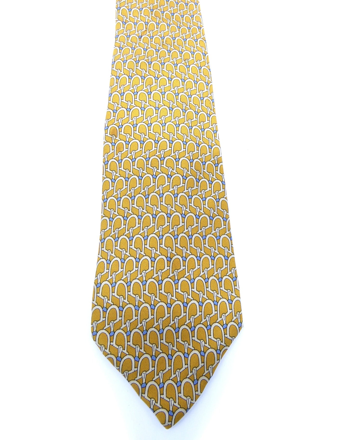 Gucci Vintage Gold and Light Blue Horsebit Graphic Silk Tie