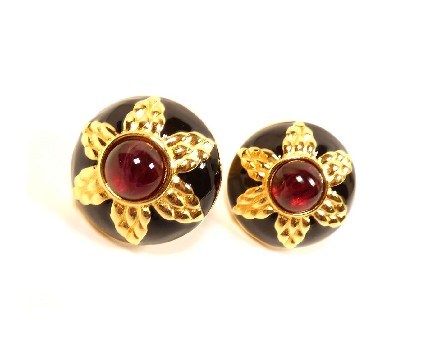 Fendi Vintage Red Stone and Black Enamel Clip Earrings