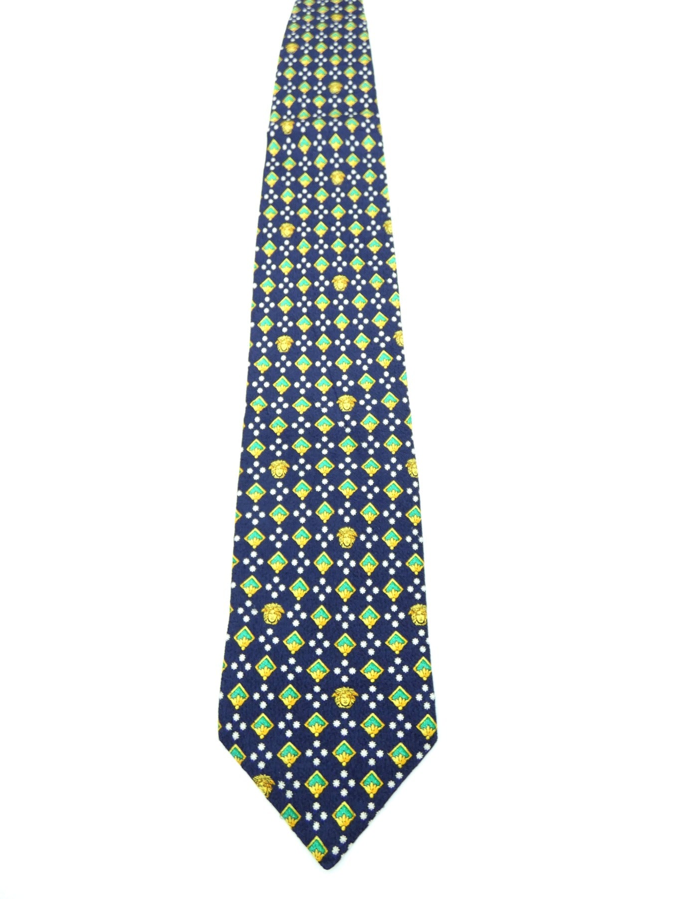 Gianni Versace Graphic Blue Green and Gold Medusa Graphic Silk Tie