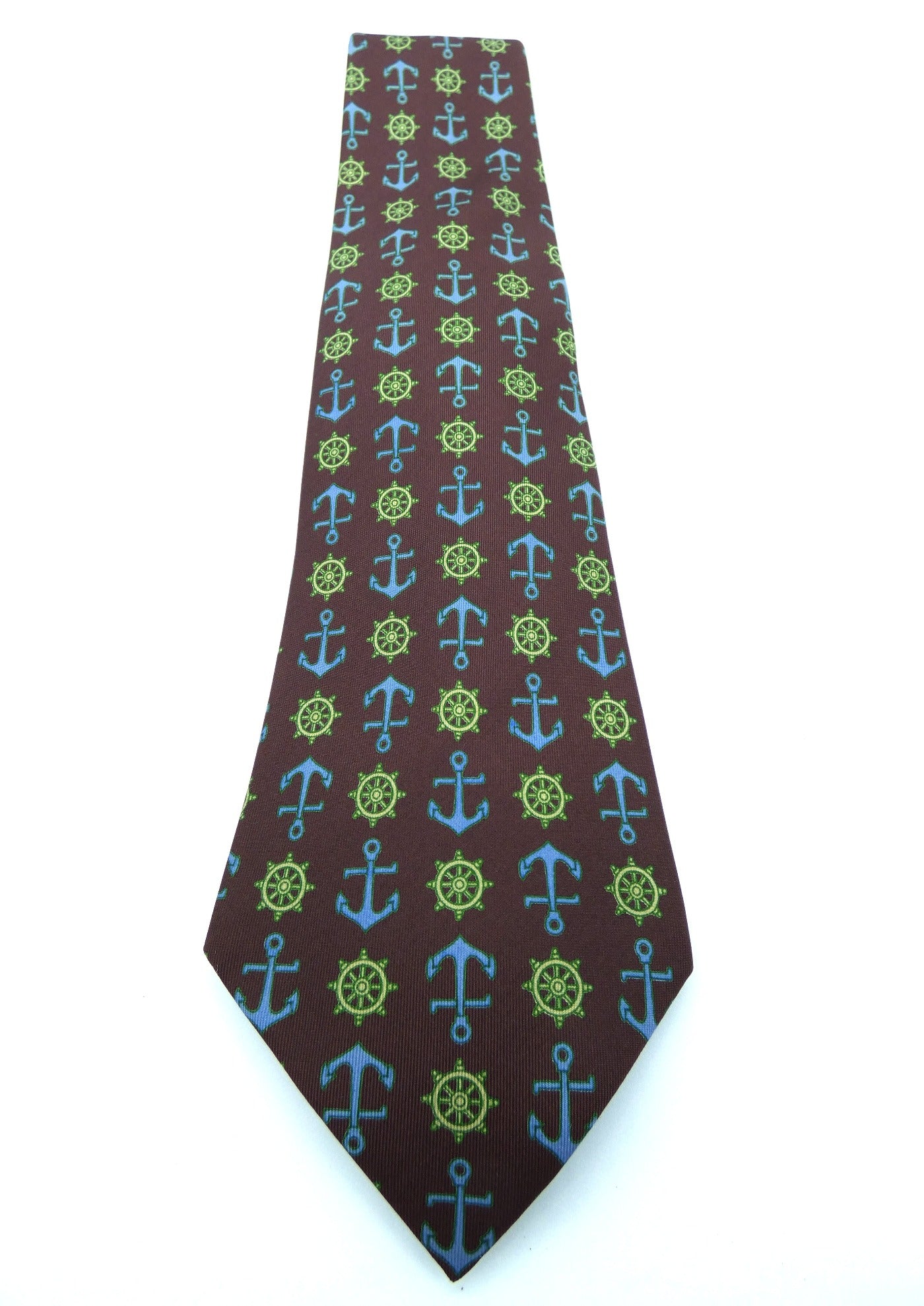 Gucci Vintage Brown Blue and Green Nautical Graphic Silk Tie