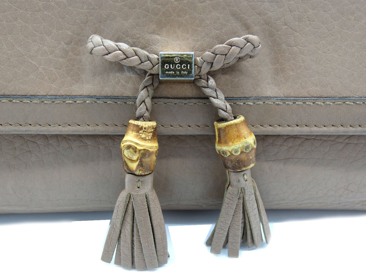 Gucci Beige Leather Bamboo Tassel Bow Flap Wallet